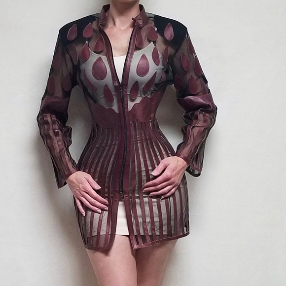 VINTAGE Stillman Studio Cognac Lamb Leather Teardrop Stripe Mesh Mini Dress Med - Picture 2 of 13